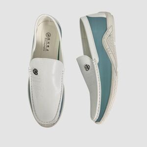 Elegant Blue White Faux Leather Pull On Boat Shoe Loafers JB EU 47 / US 14